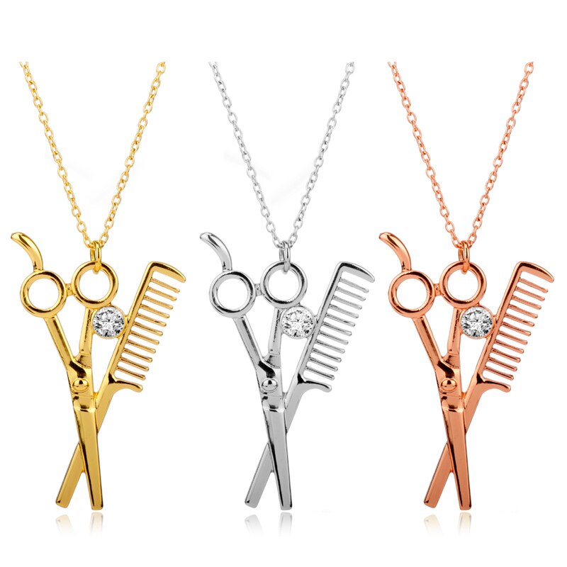 dongsheng Combs Scissors Pendant Rose Gold Scissors jewelry Cosmetologist hair Dresser Rhinestone Necklace Hairdresser