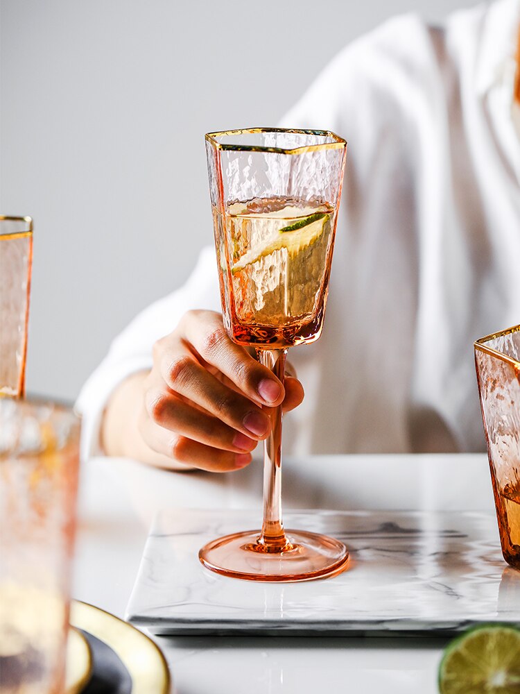 Japan Orange Color Wine Glass Geometric Hexagonal Champagne Goblet Tequila Whiskey Wine Glasses Home Barware