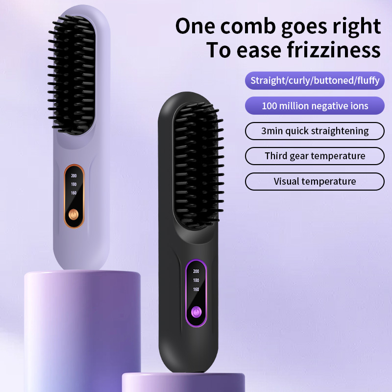 Peine de pelo liso con calefacción eléctrica, pantalla LCD, USB, inalámbrico, portátil, herramienta de peinado de iones negativos, cepillo alisador recargable