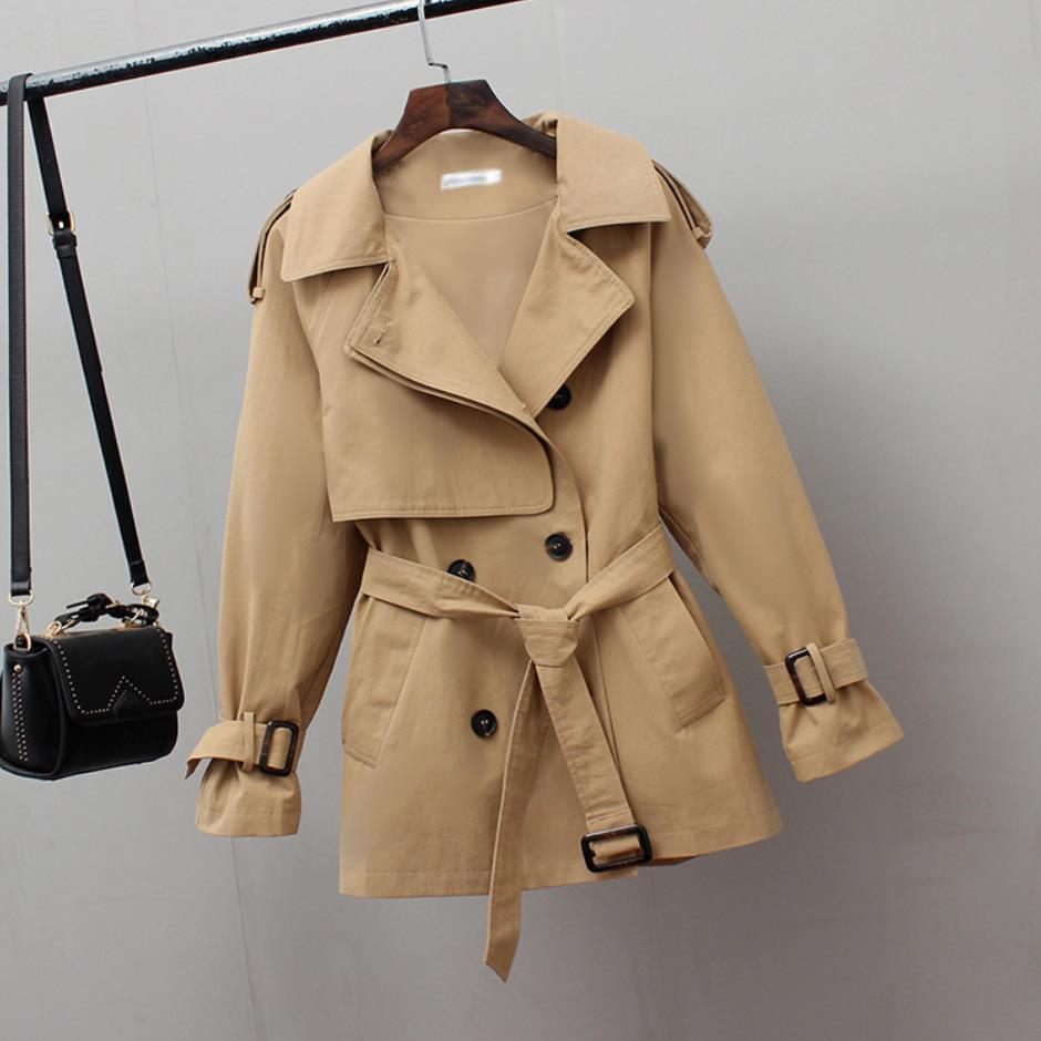 Kvinnor kort trench vår vindjacka casual lösa safari kläder stativ krage dragsko kvinnlig trench coat: Kaki / Xxl