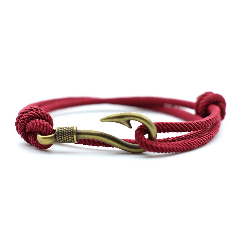 Vintage hameçon homme Bracelets accessoires mâle Double couche chanceux vin rouge Braslet tressé Bracelet réglable pour lui: Estampage à chaud