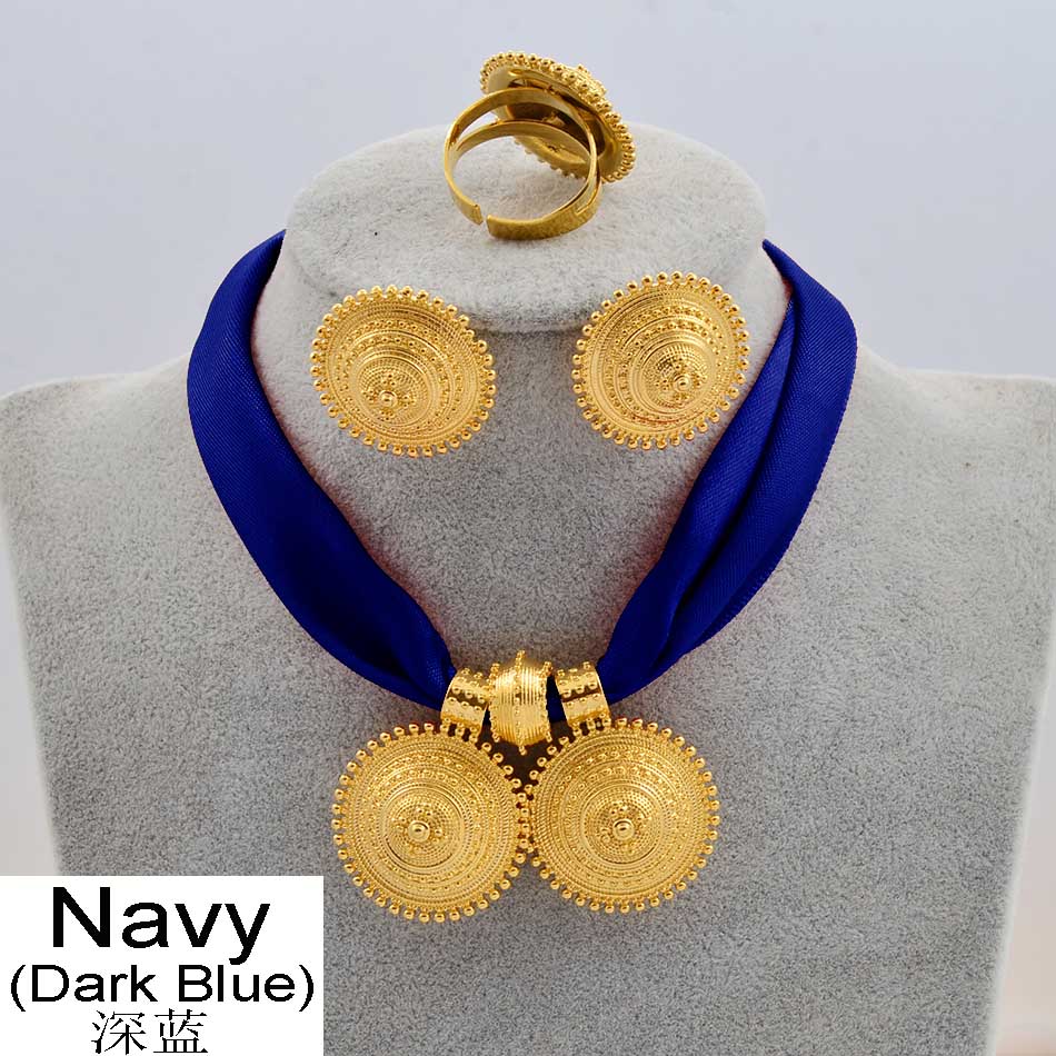 Anniyo DIY Rope Chain Ethiopian Jewelry Set Gold Color Eritrea Ethnic Style Habesha Pendant Earrings Ring #217106: Navy