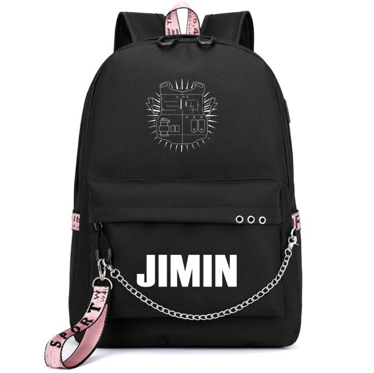 Bangtan niños Rap monstruo JUNG KOOK mochilas JIMIN bolsas de la escuela Mochila bolsas de viaje portátil Mochila con cadena de puerto USB: 2