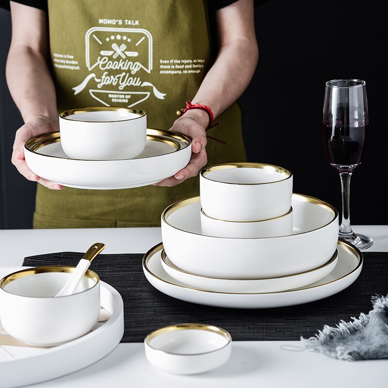 Juego de vajilla de porcelana con borde dorado, plato de cerámica para pastel, comida, ensalada, sopa, tazón, vajilla para restaurante
