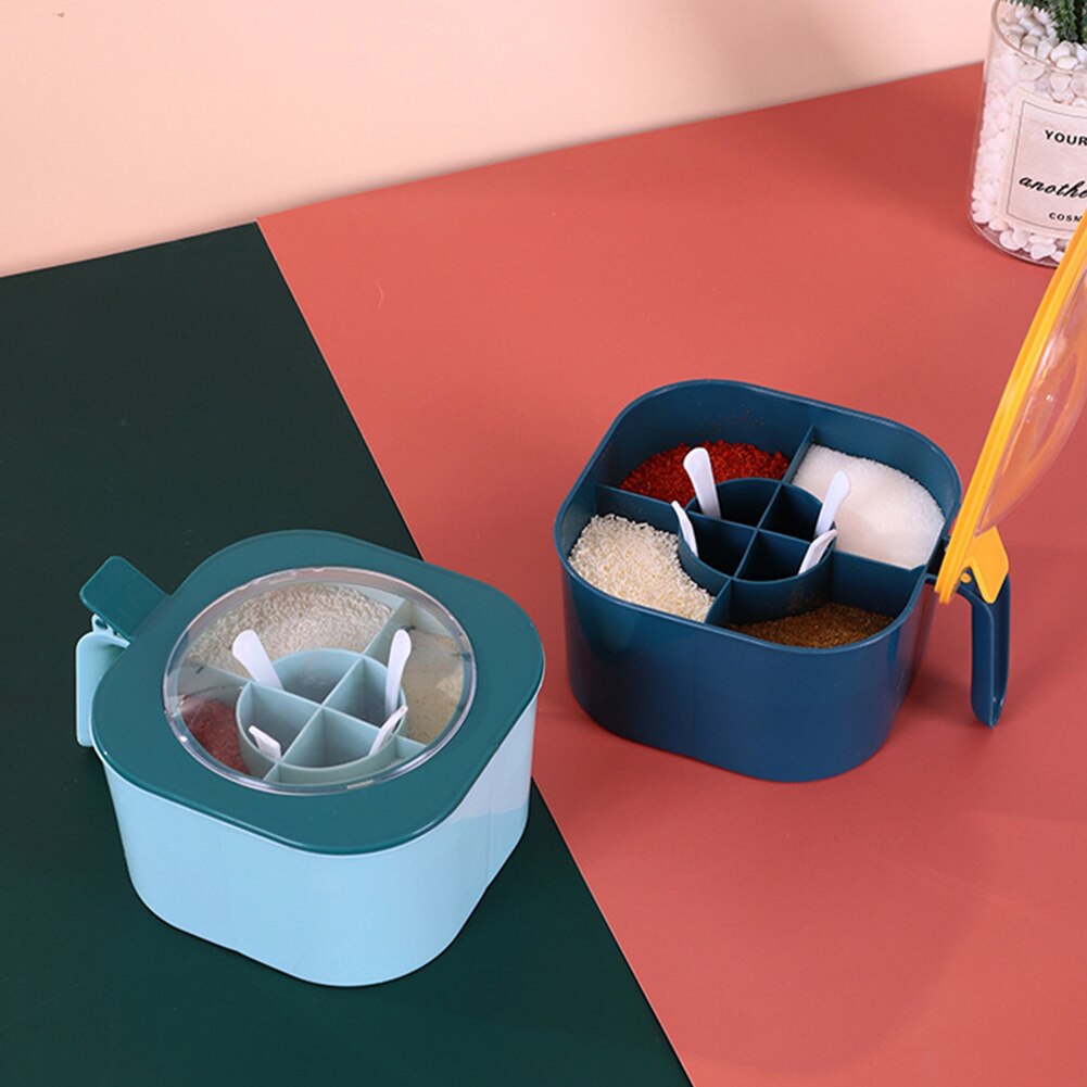 4 Grids Seasoning Box Salt Pepper Sugar Spices Storage Box with Spoon Lid Plastic Condiment Container Jar Kitchen Accessories
