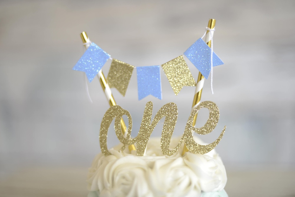 Números personalizados oro azul chico un pastel de adorno, primer pastel de cumpleaños, un juego de torta aplastada (Topper de pastel y pancarta)