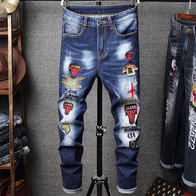 Broderi jeans denim bukser mænd blomster broderede skinny jeans mandlige afslappet streetwear denim bukser  bp020