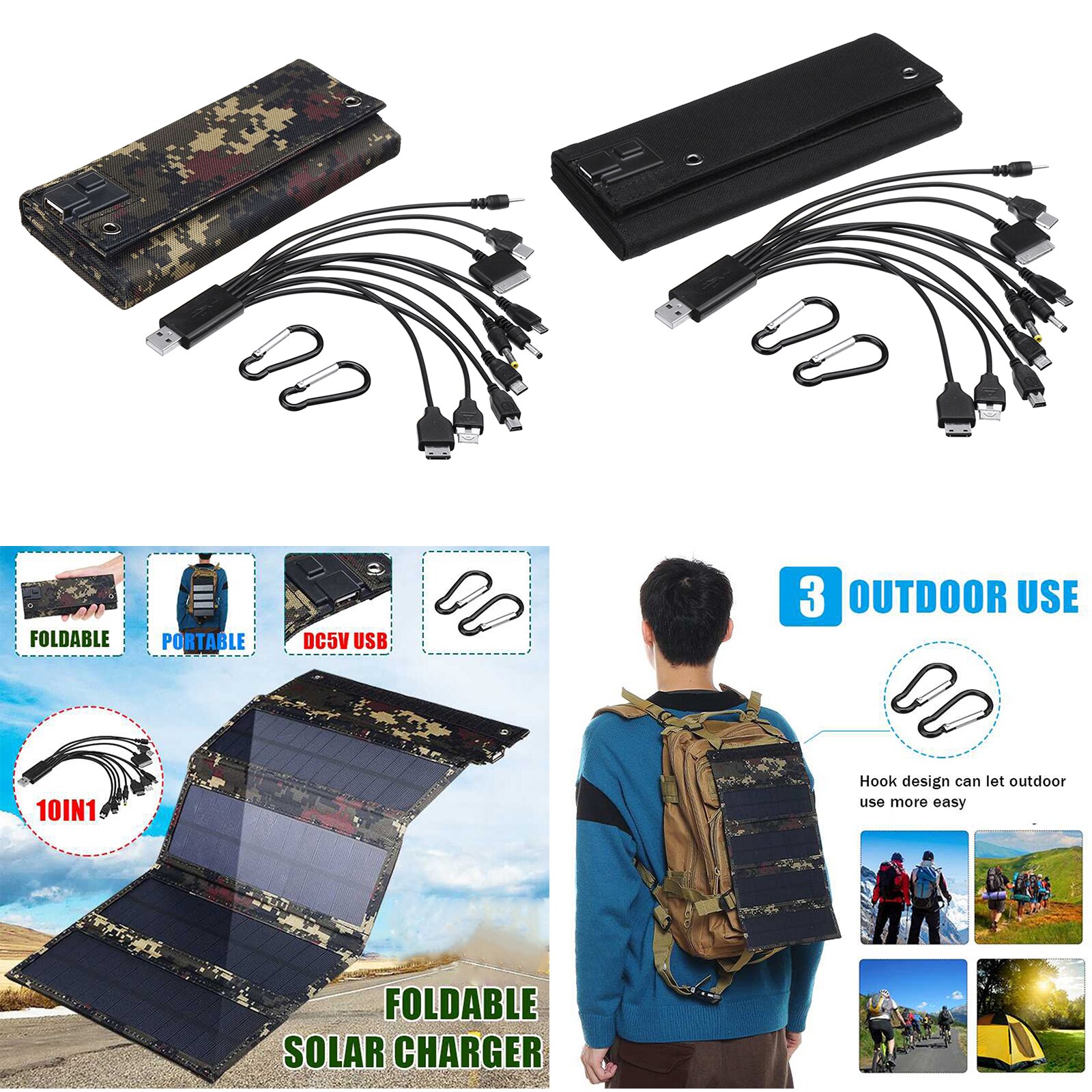 Alfombra Solar Flexible, manta plegable, Kit de Panel Solar, estación de energía, cargador de teléfono móvil, incluye ganchos de suspensión y 10 puertos USB