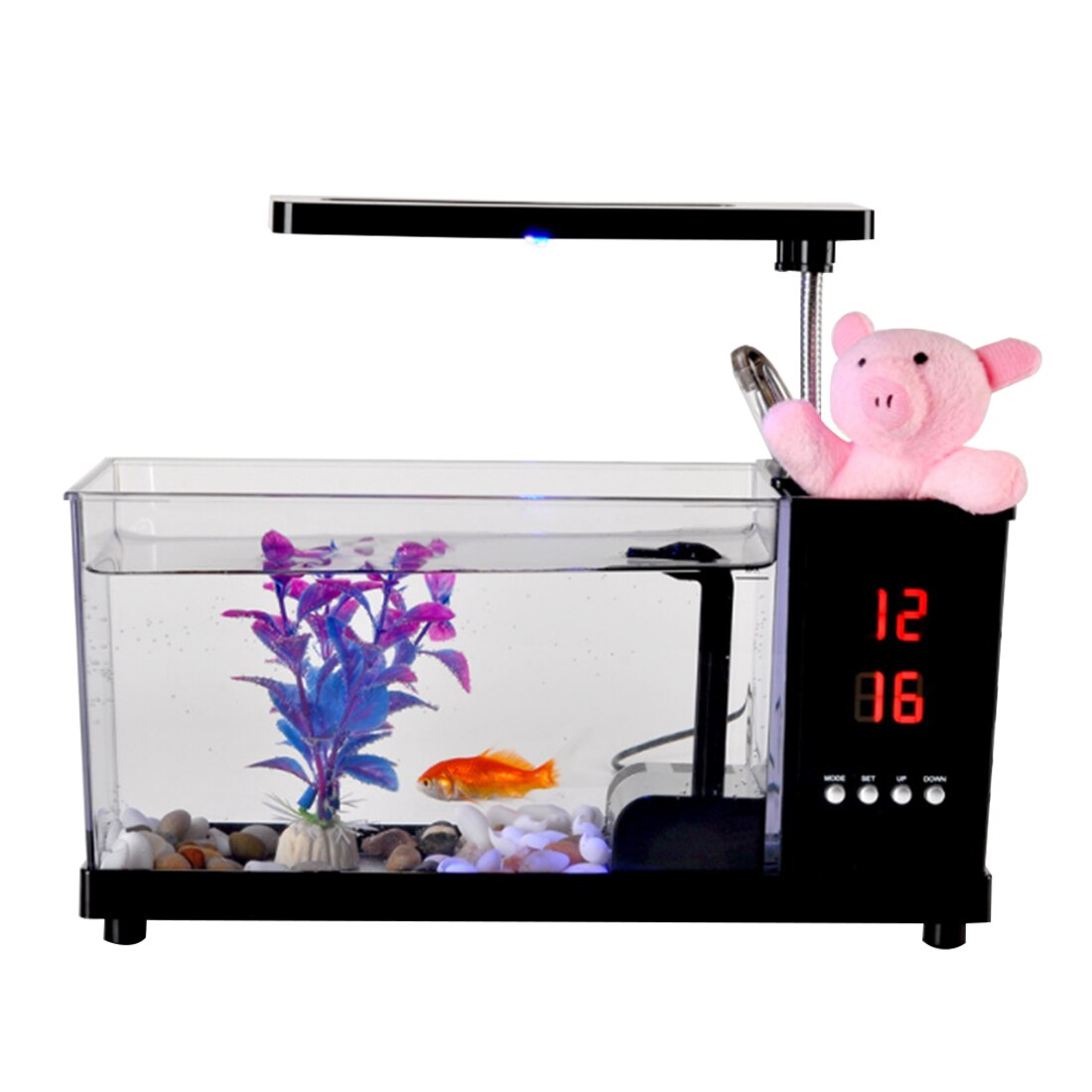 Multifunction USB Powered Mini Fish Tank Aquarium with Alarm Clock Function: Black
