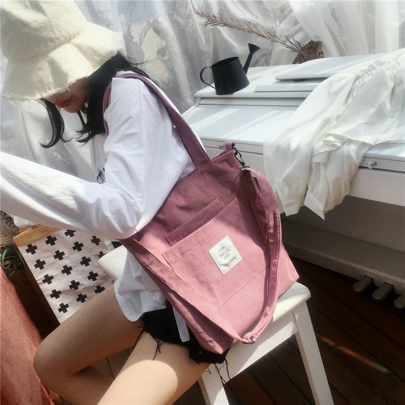 Women Warm Corduroy Tote Ladies Casual Canvas Shoulder Bag Soft Crossbody Bags Beach Bag Striped Cloth Female Handbag Books Bags