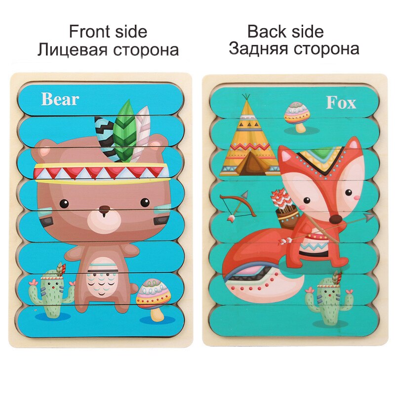 Dwustronna taśma dzieci 3D drewniane Puzzle Montessori zabawka Puzzle ze zwierzętami opowiadanie historii układanie układanki zabawki edukacyjne dla dzieci: WT259C