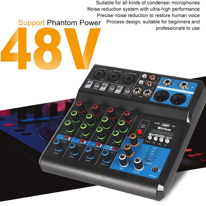 Consola mezcladora de DJ, dispositivo de 5 CANALES, reproducción de PC de grabación USB, 48V, Phantom Power Aux Paths Plus, procesador de efectos, mezclador USB para en vivo