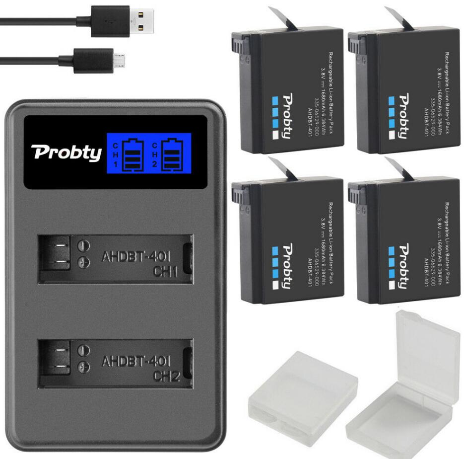 Probty-batería Original para GoPro Hero4 Hero 4 + cargador dual LCD para go pro AHDBT-401 HERO4, Cámara de Acción accesorio para, color negro y plateado: 4battery withcharger