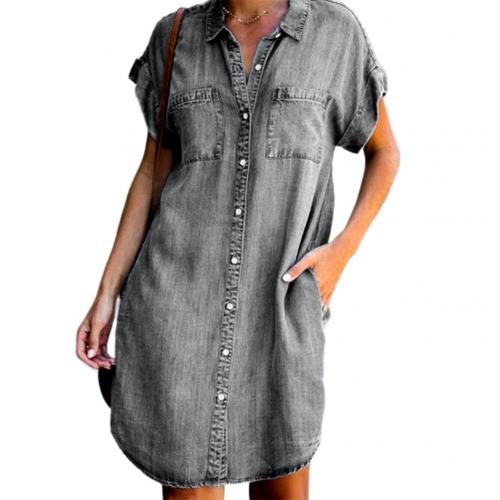 Plus Size Denim Jurk Vrouwen Korte Mouwen Zakken Single-Breasted Onregelmatige Zoom Knielange Losse Jurk Lente Zomer jurken: Grey / XL