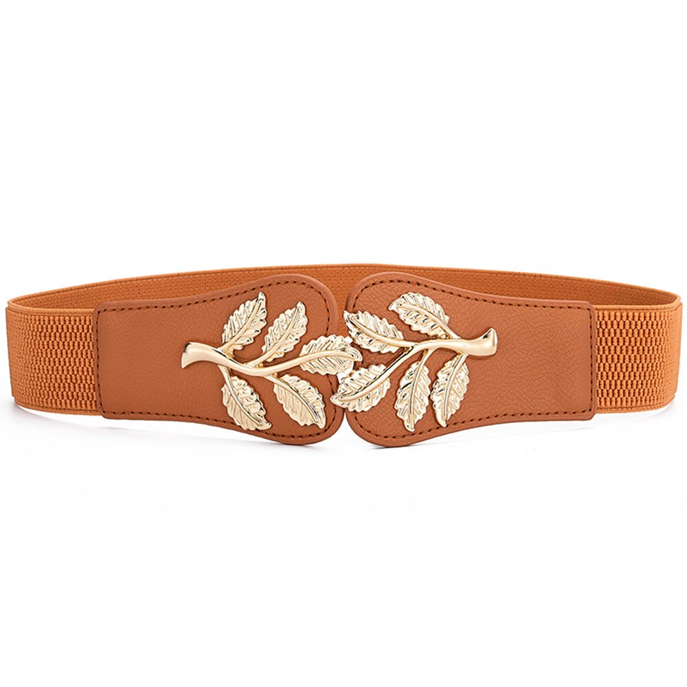 Funda de cintura para mujer, cierre de cintura elástico de hoja dorada a la con hebilla de doble gancho, cinturón ancho combinado con falda, cinturón para mujer: Caqui