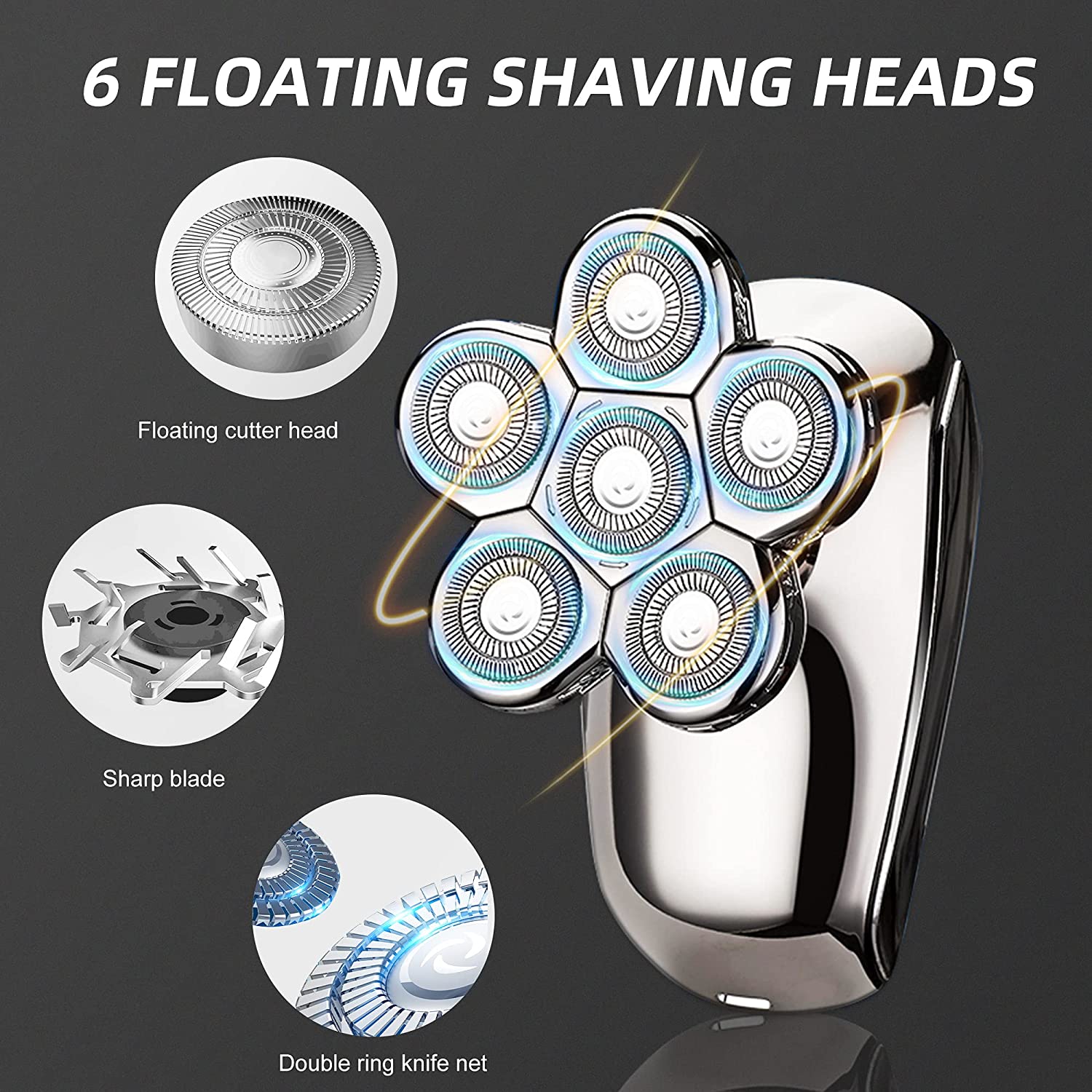 Waterproof Head Shaver Six-blade Razor for Bald Men with LED Display Versatile 6D Floating for Hair Beards Facial