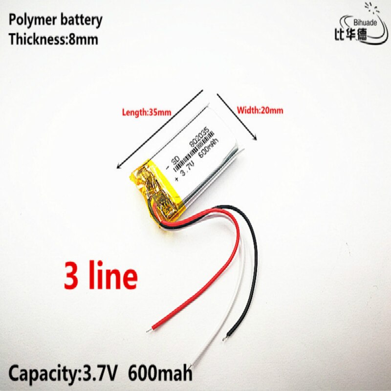 Batería de energía de 3 litros de buena , 3,7 V,600mAH,802035 polímero de iones de litio/Li-ion para juguete, Banco de energía, GPS,mp3,mp4