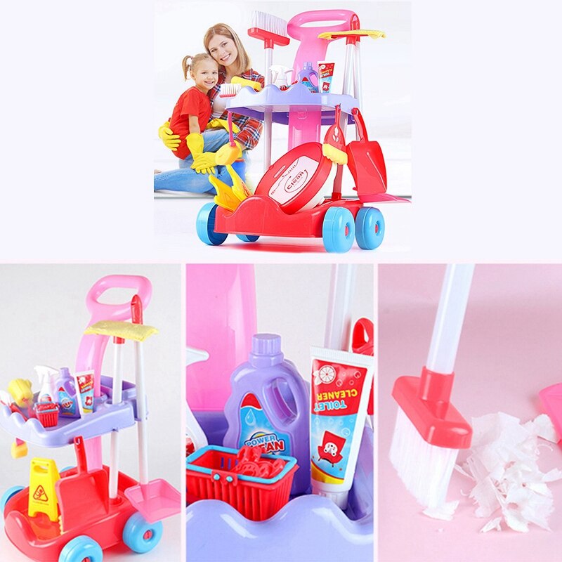 Kids Cleaning Trolley Toy Set Simulation House Cleaning Tool Playset Pretend Role Play Toy with Clean Robot