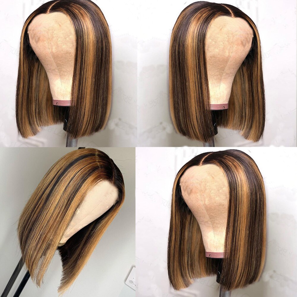 Korte Bob Hoogtepunt Kleur Pruik Steil Haar Korte Synthetische Midden Deel Pruik Schouders 10-16 "Bob Pruiken Blonde bruin Cosplay Dagelijks