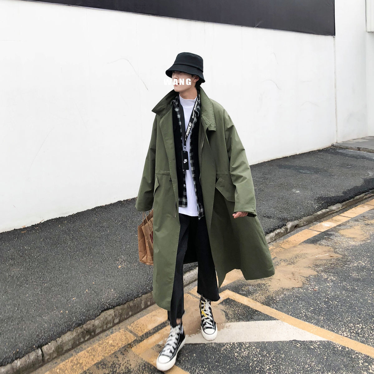 Manteau coupe-vent mi-long pour homme, Trench-coat ample, Long, vert militaire, veste, collection automne