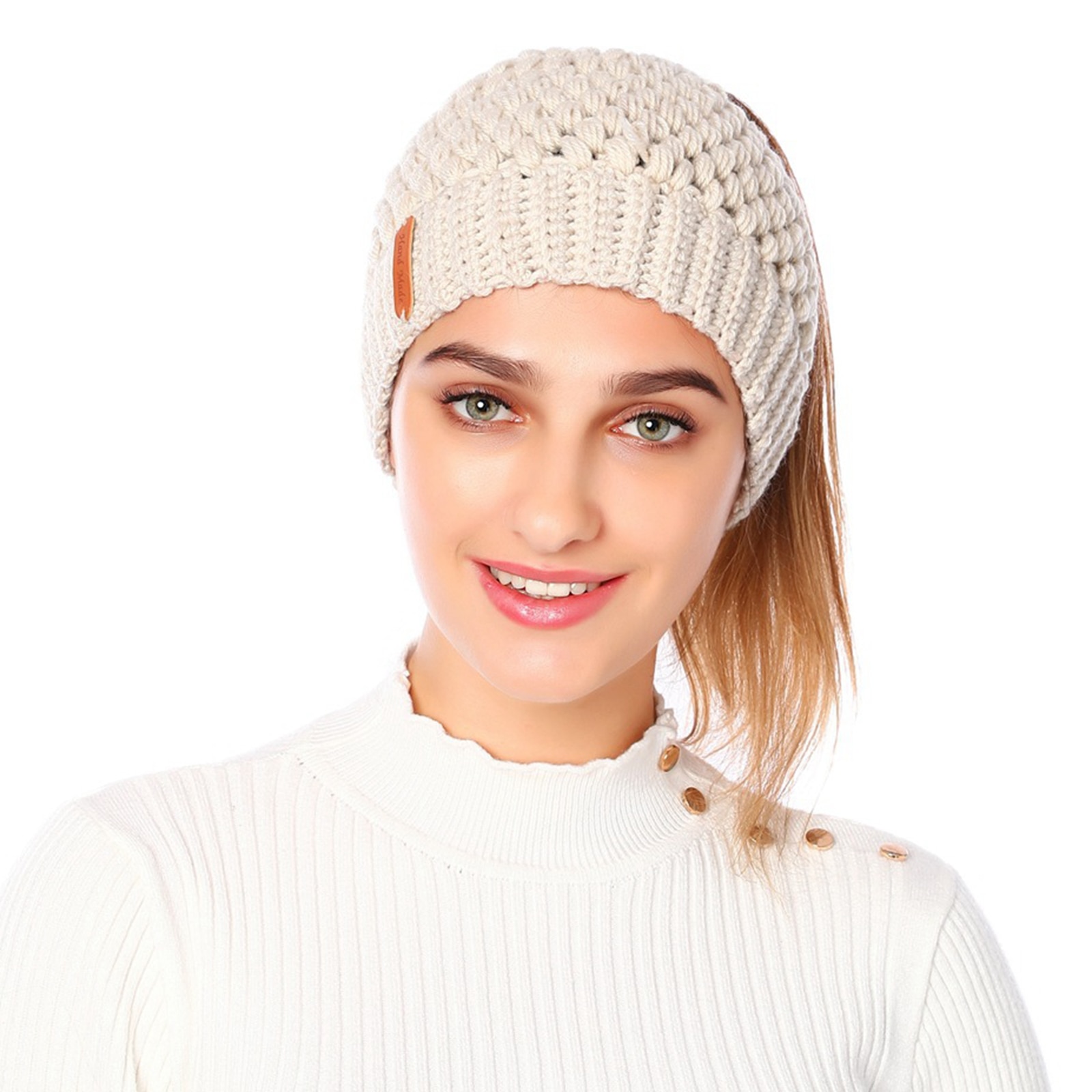 Beanie Hat Tail Stretch Cable Knit Messy High Bun Ponytail Beanie Hats Earmuff