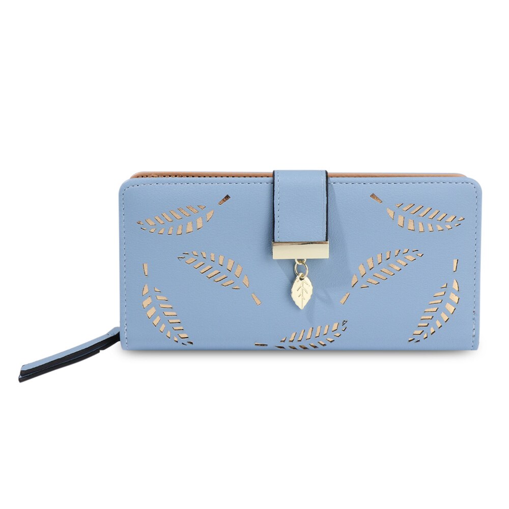 Long Women Wallets Lady Party Clutch Long Hollow Leaf Leather Wallet Card Button Clutch Purse Long Handbag Folding Wallet: sky blue