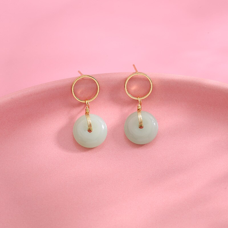 Gioielli penetranti rotondi orecchini pendenti in pietra verde moda orecchini a bottone dorati fatti a mano retrò per regalo di anniversario di matrimonio da donna: B0418