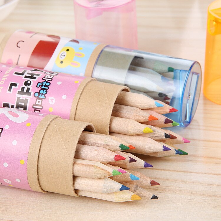 Mini lápices de colores seguros para niños y niñas, 12 colores de plomo, no tóxicos, coreano, dibujos animados creativos, sacapuntas