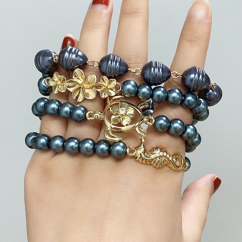 KOMI Adult/Kid Size Polynesian Hawaiian Samoa Marshall Jewelry Imitation Pearls Flower Turtle Seahorse Men Woman Bracelet Bangle
