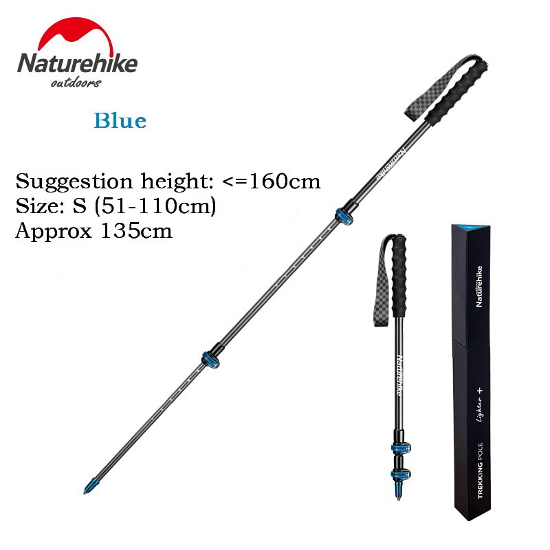 Bastón de Trekking ultraligero de fibra de carbono Naturehike de acero de tungsteno, 3 secciones, bastón para caminar, senderismo, alpinista S135g: Blue S 1PC