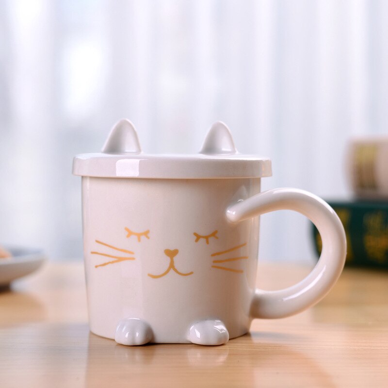 Kat tegneserie keramisk kaffekrus med låg kopholder børne drikke tumbler mælk juice tekop kopper og krus sæt: C