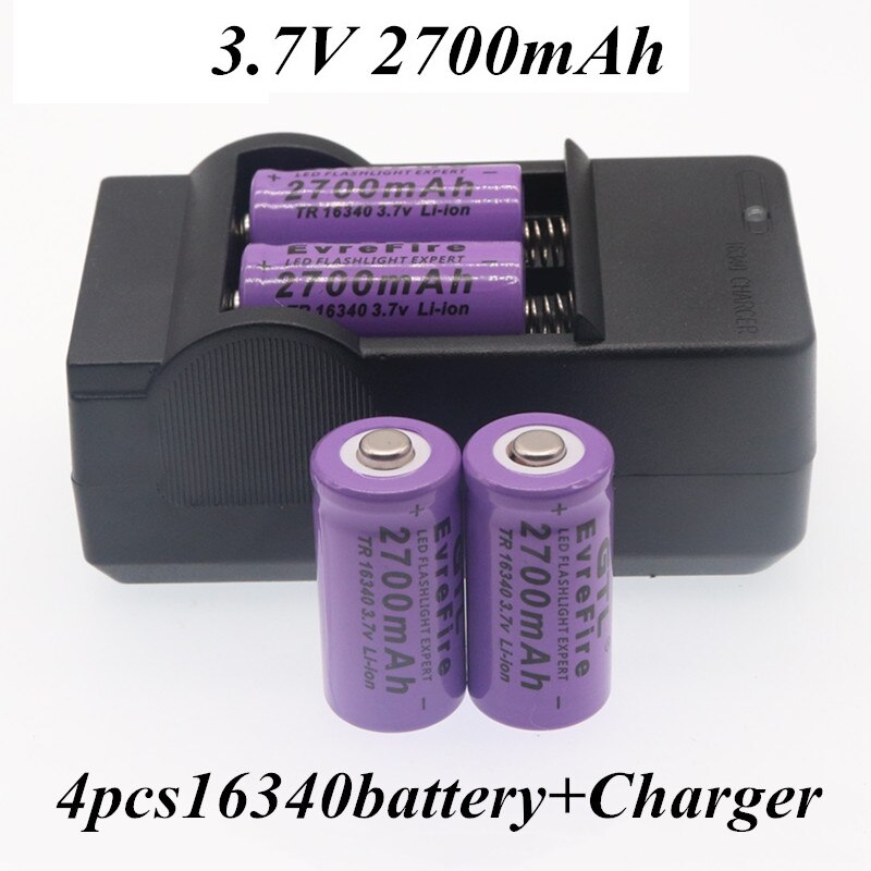 100% Originele 16340 Batterij CR123A 16340 Batterij 2700Mah 3.7V Li-Ion Oplaadbare Batterij + 16340Charger: Rood