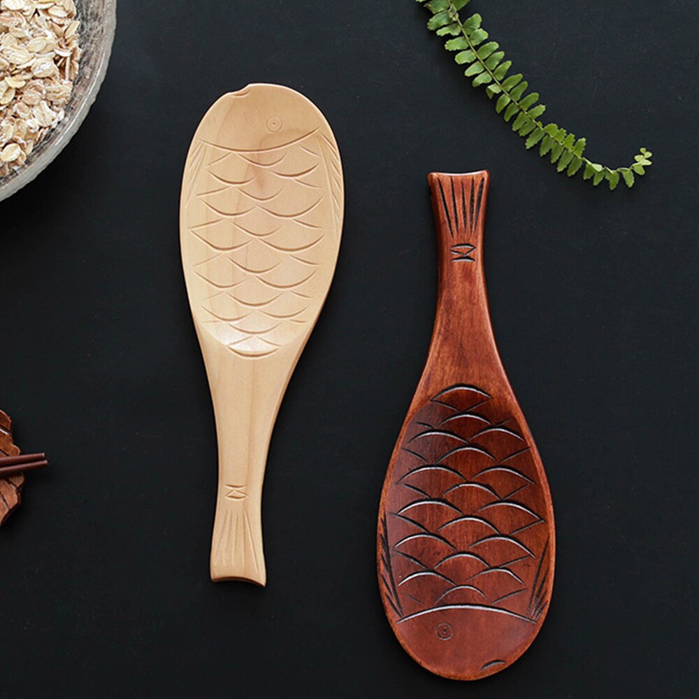Pala de madera creativa forma de pescado cuchara de arroz utensilios de cocina para sopa de arroz antiadherente cuchara de cocina estilo japonés