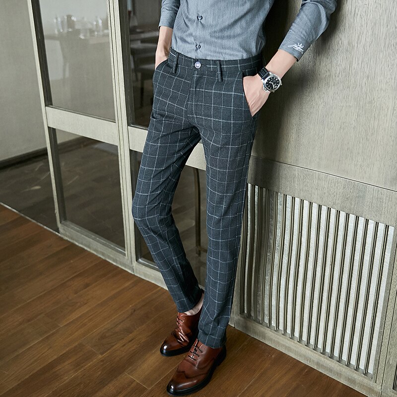 Otoño Invierno traje de negocios para hombres pantalón gris a cuadros Casual Slim Fit vestido pantalones Formal pantalones de boda Pantalon Homme