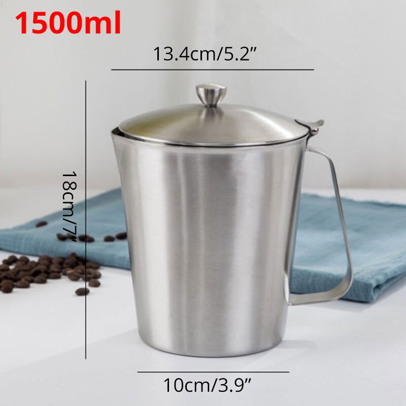 Milk Frothing Pitcher Jug with Lid and Measurment - Upgraded Thicken 304 Stainless Steel Measuring Cups Coffee Foam Container: 1500ml
