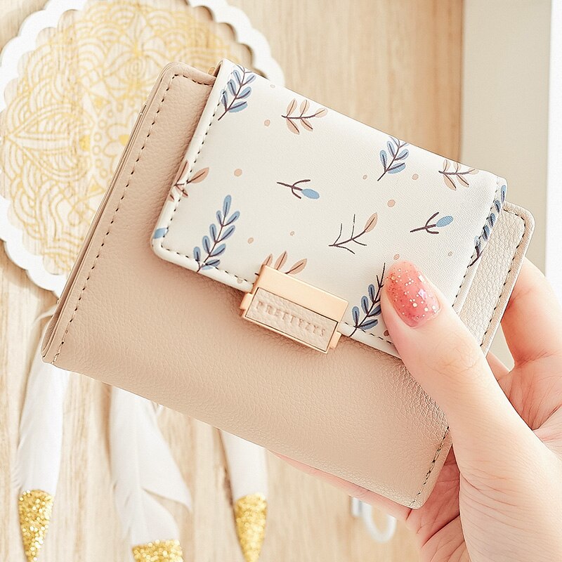 Brand Women Wallet Small Short Fold Purse Printing Contrast color Female Coin Purse Multifunction Coin Pocket: Khaki