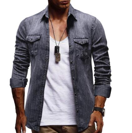 Camisa de mezclilla a rayas vestido de algodón de manga larga Jeans camisas de hombre blusa de hombre gris azul nueva llegada: Gray / XXL