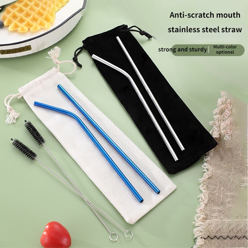 Food Grade Eco-Friendly 304 Stainless Steel Metal Straw Set with Cleaning Brush Convenient Party Milk Tea Drink Straw Reusable