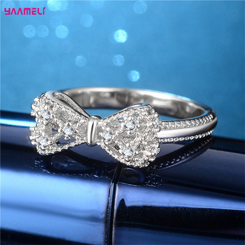 Anillos de boda de plata esterlina 925 con de lazo con cristales cúbicos AAA brillantes para mujer, joyas, anillos de compromiso a la