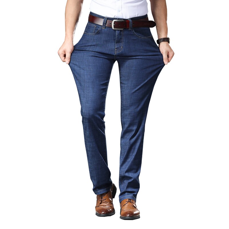 Quanbo isot koot 42 44 46 miesten ohuet kevyet farkut kesäiset business casual stretch klassiset farkkuhousut kapeat suorat housut