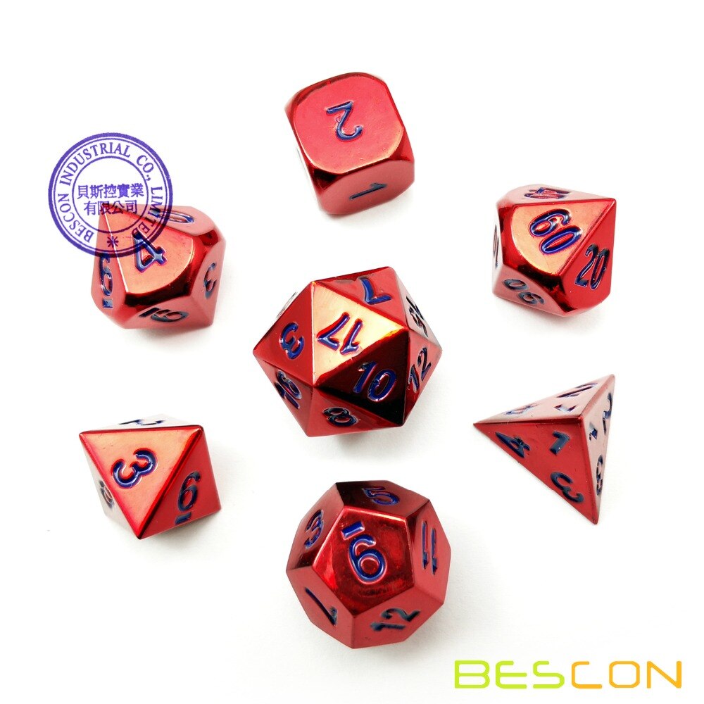 Bescon 7pcs Set Heavy Duty Metal Dice Set Glossed Color of Wine, Solid Metallic Polyhedral D&D Dice Set Wine Red w/ Blue Numbers