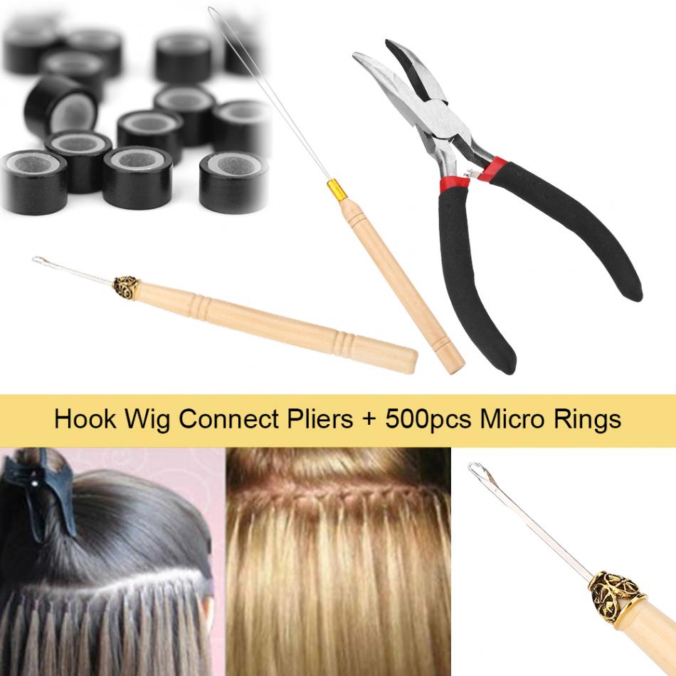 4 Stuks Hair Extension Kit 500Pcs Silicone Micro Links Kralen Ringen + 2 Stuks Trekken Haak + Tang Haar extension Styling Tool Kits