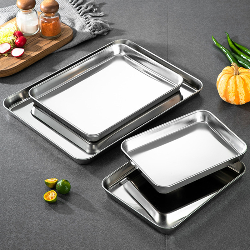 Stainless Steel Rectangular Baking Tray Food Barbecue Bakeware Fruit Bread Storage Plate with Handle Deep Pan Dish Kitchen Tools