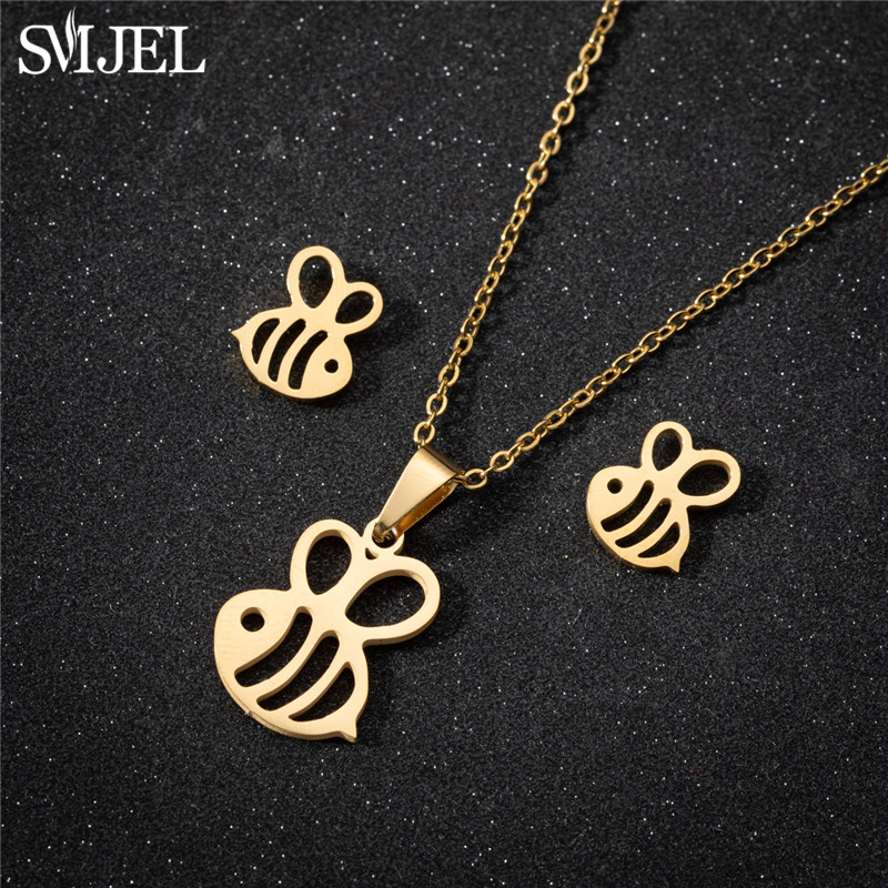 Juegos de joyas para mujer de mariposa de acero inoxidable de estilo coreano, collar con colgante de insecto y abeja de dibujos animados, de boda para playa de verano para niñas: Zinc negro plateado