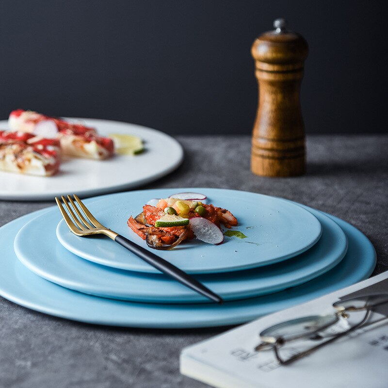 Round Flat Bottom Plate Hotel Ceramic Dinner Plates Beef Tableware Solid Color Dessert Dish Simple And Sushi Dishes