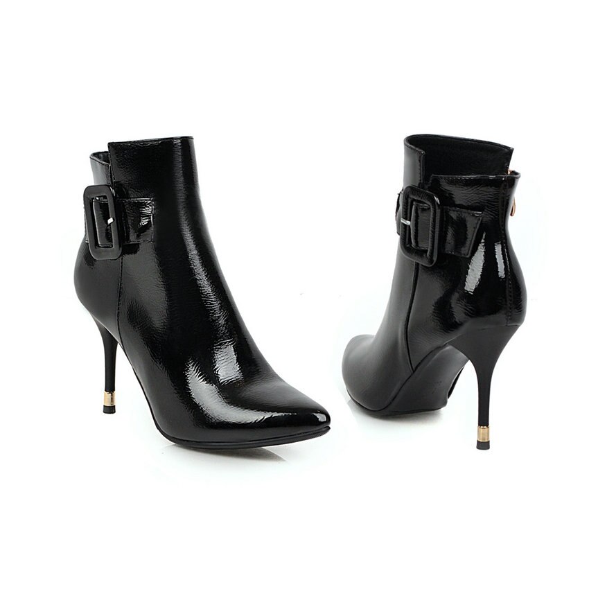 Qutaa Mode Wees Teen Pu Lakleer Enkellaarsjes Dunne Hoge Hak Herfst Winter Gesp Rits Vrouwen Schoenen Maat 34-42: Black / 3