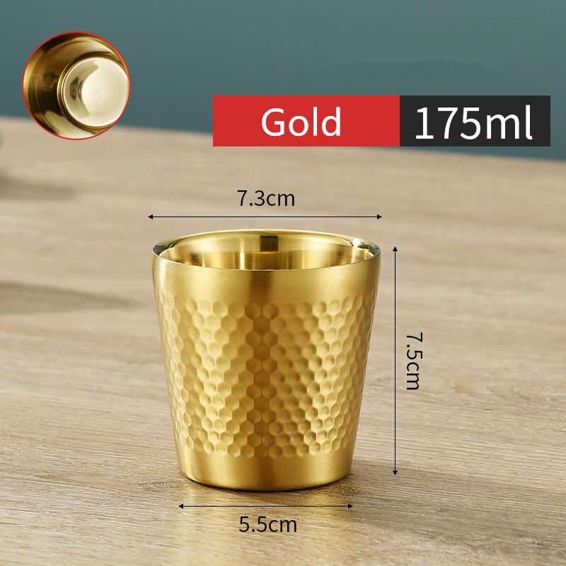 Stackable Stainless Steel Beer Cups Unbreakable Drinkware Bar Mug Double Layer Mugs Coffee Tea Cup: Gold 175ML