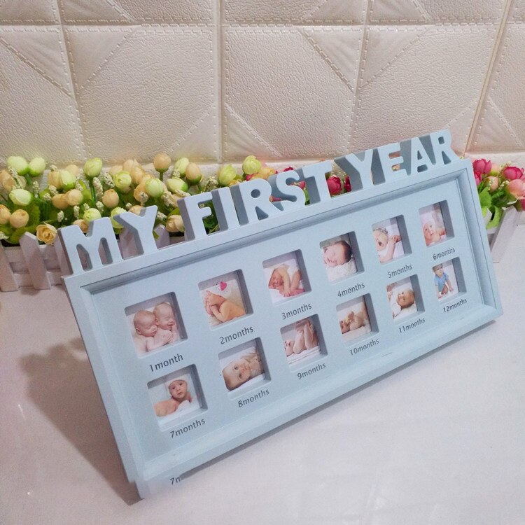 DIY 0-12 Maand Baby Souvenirs "MIJN EERSTE JAAR" Foto 'S Creatieve Herdenken Kids Groeiende Geheugen Display plastic Fotolijst: Blue
