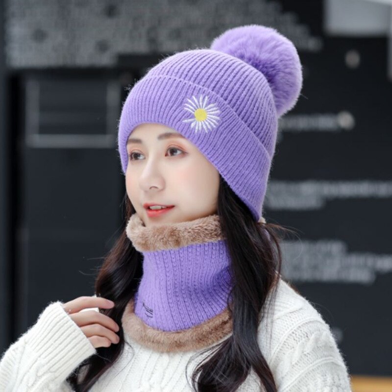 Autumn Winter daisy flower embroidery Women Hat Scart Set plus velvet thick woolen hat knitted hat Female Beanie Scarf: purple