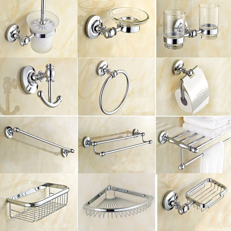 Bathroom Accessories Chrome Brass Collection, Towel Ring, Paper Holder, Toilet Brush, Coat Hook, Bath Rack, Soap Dish aset005